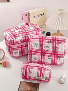 1 Peça Bolsa de Maquiagem Fofa de Grande Capacidade, Nécessaire Acolchoado para Cosméticos, Bolsa de Maquiagem de Viagem com Laço Xadrez, Dobrável, com Alça, Organizador de Maquiagem Estético, Bolsa de Armazenamento para Viagem, Nécessaire Portátil, Bolsa para Lápis, Essenciais de Viagem, Férias de Verão, Volta às Aulas, Bolsa Escolar, Bolsa de Viagem para Mulheres, Bolsa de Maquiagem para Viagem