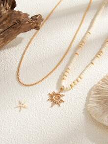 2 件波西米亚风格螺旋太阳吊坠椰子壳串珠项链，男士休闲度假饰品 - 金黃色 - 查看 3