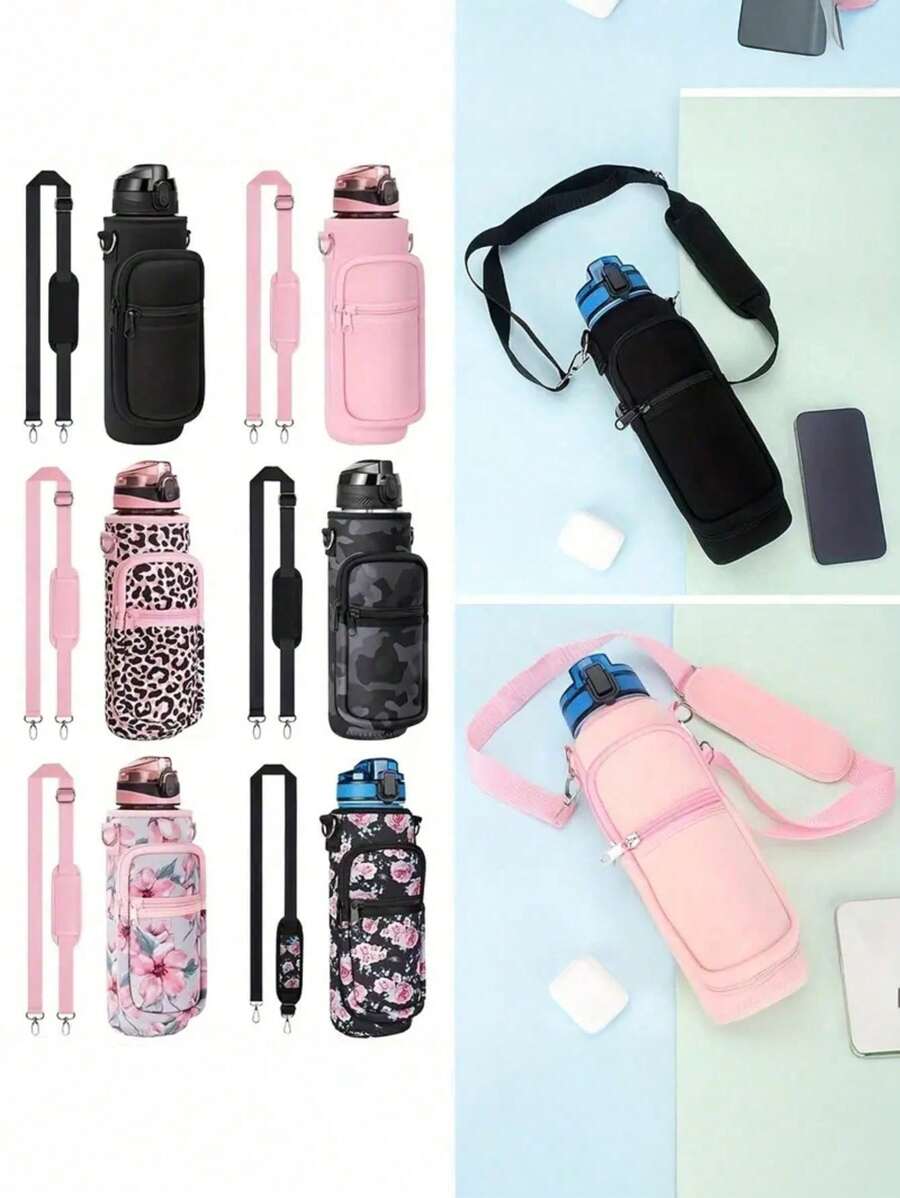 1 pièce Porte-gobelet portable de type sangle avec sangle réglable, sac isotherme pour bouteille d'eau, étui pour bouteille, support pour téléphone portable, accessoires pour boissons, sac de transport pour bouteille d'eau de plein air (direction de la fermeture éclair aléatoire)