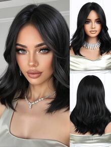16 Inch Long Body Wave Black Synthetic Wig Middle Part Blonde Long Curly Wig For Women Daily Paty Cosplay Wigs, Vacation Travel Family Party Everyday Wear, Mother's Day Gifts, Halloween Christmas Gifts, Gifts For Girlfriends, Gifts For Girlfriends - 黑色 - 查看 2
