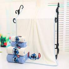 Disney 2pcs Disney Stitch Cartoon Bath Towel & Cute Blue Hand Towel, Suitable For Daily Use, Travel And Holidays Back To School For Beauty Salon Home Bathroom