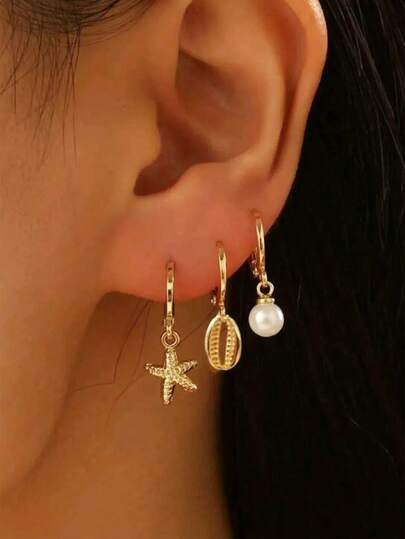 3/6 件时尚波西米亚仿珍珠海星和贝壳金色耳环套装，女士夏季海滩度假约会派对礼物日常佩戴