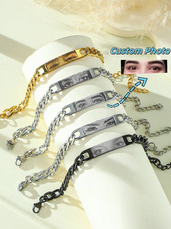1 pièce Bracelet couple personnalisé avec photo, bracelet avec photo d'œil personnalisable, bracelet à chaîne en acier inoxydable avec image gravée au laser, bijou en acier inoxydable avec photo gravée, cadeau de la Saint-Valentin pour le petit ami, cadeau commémoratif