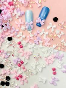 100-200 piezas Decoraciones de arte de uñas con moños rosas/blancos, tachuelas de cinta de resina iridiscente de bricolaje, camelias negras/blancas, moño mini gatito fuschia, set mezclado de encantos de uñas de verano, energía juvenil, estilo lindo, japonés, coreano, suministros de uñas