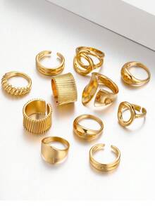 14 件 CCB 材质夸张性感奢华女士鸡尾酒戒指套装，时尚珠宝，适合日常、派对、婚礼佩戴，可作为送给女友、朋友的礼物 - 金色2 - 查看 3