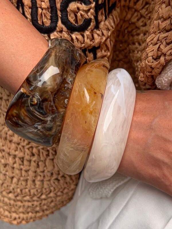 3pcs Vintage Style Resin Women Bangles Set, Fashion Exaggerated Multi-Color Stackable Summer Beach Holiday Bracelet