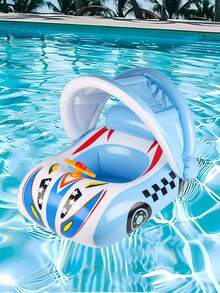 1 件儿童游泳圈带遮阳篷，可爱卡通汽车喇叭形浮圈，防倾覆加厚救生圈，适合男孩和女孩水上运动初学者，充气 - 彩色 - 查看 4