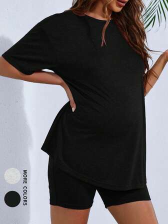 Summer Pregnant Women's Solid Color Short-Sleeve T-Shirt And Bottoms For Breathable Casual Home Wear Set