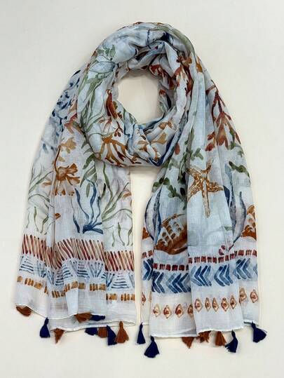 Pañuelo de lino estampado retro, pañuelo de seda bohemio con flecos, chal de protección solar para exteriores y playa para mujeres