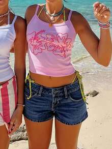 Women Y2K Floral Cami Tank Tops Cute Vintage Flower Graphic Spaghetti Strap Scoop Neck Slim Fit Camisole Crop Tops Summer Backless Sleeveless Vests Shirts Teens Girl Summer Ocean Coastal Beach Casual Going Out Tops Aesthetic Clothes Streetwear - 粉色 - 查看 2