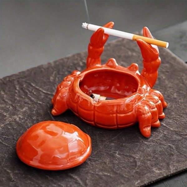 1pc Crab Ceramic Ashtray With Lid, Chinese Style Cute Desk Decor For Home & Office Best Gifts Birthday Graduation