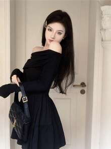 キャバドレス レディース 長袖 肩出し ミニドレス セクシー 肩出し フレア袖 タイトワンピース ショート丈 パーティー ボートネック 過激 キャバ嬢 ボディコン 披露宴 - ブラック - チェックする 6