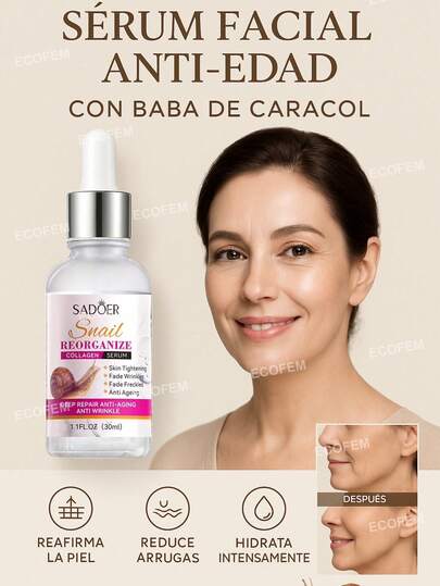 Suero facial de baba de caracol y colágeno. Antienvejecimiento, arrugas, hidratante, aclarante, reduce poros, desvanece manchas, cicatrizante, repara marcas de acné.
