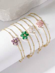 1 peça pingente minimalista brilhante de zircônia cúbica colorida com 6 pétalas de flor e pulseira de corrente multicamadas para mulheres e meninas
