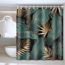 1pc - Abstract Palm Leaf Tropical Shower Curtain Set, Emerald Green Black Golden Modern Plant Hawaiian Shower Curtain With 12 Hooks, Non-Slip Bathroom Floor Mat, Toilet U-Shaped Mat, Cover Mat, Bathroom Accessories Home Decoration Back To School
