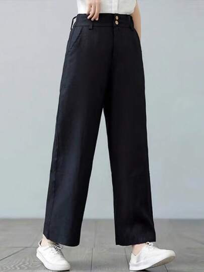 女士纯色口袋阔腿宽松休闲裤 黑色 春季