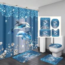 1 Stück/4 Stück Delfin Muster Multi-Funktionale Dekorative Wasserdichte Duschvorhang mit 12 Haken, rutschfeste Badematte, U-förmige Toilettenvorleger und runde Toilettenabdeckung, Badezimmer-Set für alle Badszenarien, Badezimmer-Accessoires Schulanfang
