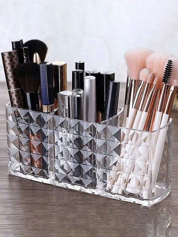 1pc, Acrylic Makeup Brush Holder, 3-Grid Cosmetics Storage Box, Pen Holder Storage Box - A Must-Have For Back To School, Brick And Stone Desktop Storage Pen Holder, Multi-Functional Dormitory Desktop Brush Storage Box, Transparent Acrylic Pen Holder. Can Accommodate Makeup, Eyebrow Pencils, Makeup Brushes, Nail Tools, Etc.