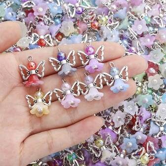 10/20pcs Assorted Colorful Flower Angel Wing Pendant Charms, Suitable For DIY Bracelets, Necklaces, Bags, Keychains, Jewelry Accessories
