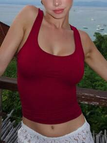 女士休闲纯色修身春夏街头风日常度假性感背心短款上衣