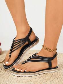 加大码加宽女士户外平底凉鞋，麻绳人字拖，单扣圆头铆钉平底凉鞋，镂空轻便防滑凉鞋，适合旅游、聚会、办公、室内外穿着，可搭配连衣裙和休闲装，可爱拖鞋有白色、黑色、棕色、米色可选，宽楦设计，夏季旅行必备 - 黑色 - 查看 3