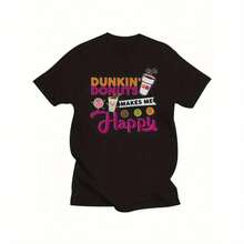 Dunkin' Donuts 'Happy' Graphic Tee - 100% Cotton, Men'S Casual Round Neck T-Shirt With Playful Donut & Coffee Cup Design, All-Season Comfort Fit For Casual Attire As Gift - 黑色 - 查看 1