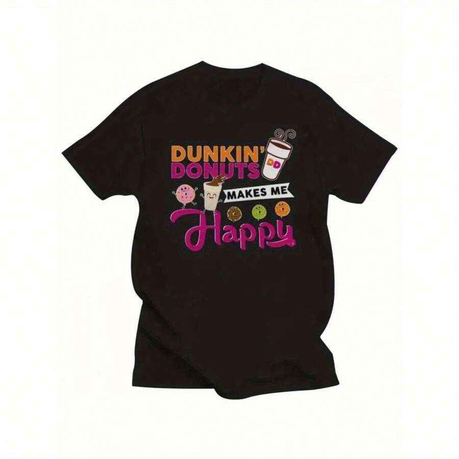 Dunkin' Donuts 'Happy' Graphic Tee - 100% Cotton, Men'S Casual Round Neck T-Shirt With Playful Donut & Coffee Cup Design, All-Season Comfort Fit For Casual Attire As Gift - 黑色 - 查看 1