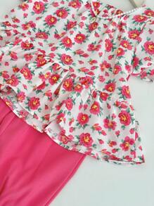 Conjunto de 2 peças de blusa e calça lanterna com estampa floral elegante e babados para meninas, adequado para atividades ao ar livre, fotografia, uso diário, piquenique, escola, primavera/verão