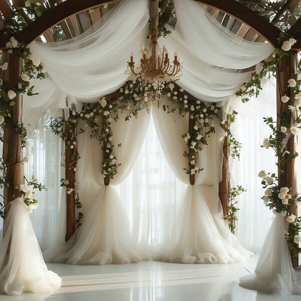 Elegant White Chiffon Wedding Arch Drape Curtain - Transparent Polyester Fabric, Suitable For Romantic Outdoor Ceremonies, Parties And Special Events, Perfect For Weddings, Anniversaries And Celebrations, Wedding Decor