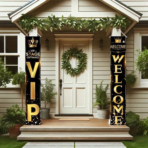 2pcs VIP Welcome Polyester Banner, Multi-Purpose Indoor/Outdoor Decorative Flag, Suitable For Parties, Gatherings, Banquets, Stage Entrance Decor And Home Decor