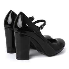 Women's White Wine Rose Gold Black Taupe Beige Grey Lipstick Natural Snake Mary Jane Pumps – Round Toe Ankle Strap Vintage Dress Heels [Size Up Half Size] - 黑色純素專利 - 查看 4
