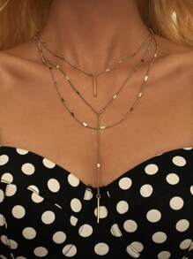 Nooxian 1pc Fashionable Minimalist Gold-Tone Chain Layered Y-Necklace, Suitable For Daily, Holidays, Multiple Occasions For Women (Flattened Spacing And Distance Position Random)