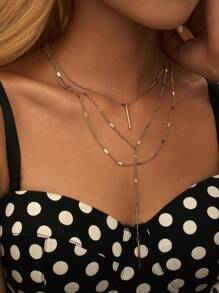 Nooxian 1pc Fashionable Minimalist Gold-Tone Chain Layered Y-Necklace, Suitable For Daily, Holidays, Multiple Occasions For Women (Flattened Spacing And Distance Position Random)