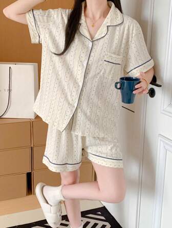 2pcs Women's Pajama Set, Blue Cord Ditsy Floral Pattern, Single-Breasted, Shorts & Short Sleeve Top, Loose, Sleepwear For Home Use