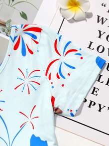 Young Girl Stretchy American Style Ice Cream & Fireworks Print Short Sleeve Dress Summer Gift, Independence Day, Party