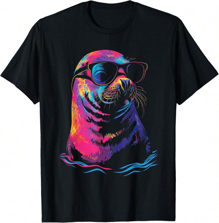 Camiseta de gafas de sol de foca, león marino, animal del océano - Negro - Ver 1