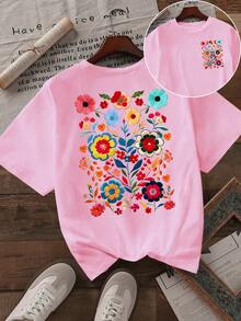 Howell All-Match Fashion Women's Black Short - Sleeve T - Shirt, Hand - Drawn Daisy & Floral Print, Casual & Fresh - Pink - View 1