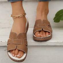 Women's Wedge Heel Slides Sandals, Fashion Stitched Casual Slip On Flat Preppy Beach Vacation Shoes For Summer