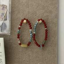2pcs Chinese Style Minimalist Natural Stone Bracelets, Vintage Niche Design Cool Touch Stacked Bracelets, Women Natural Red Agate Beaded Bracelet, Holiday Gift