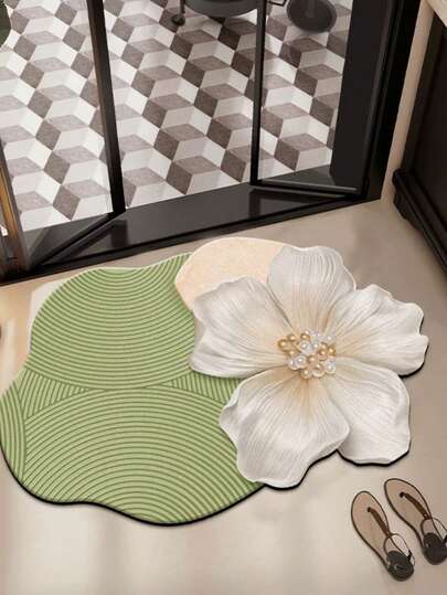 1pc Elegant Floral Design Bathmat With Pearl Decor, Bathroom Mat, Bath Rug, Door Mat, Area Rug, Carpet, Decorator Rug, Indoor-Outdoor Mat, Home Decor, Bedroom Rug, Washable Carpet