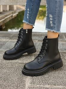 2025秋冬新款时尚复古白色女靴，厚底黑色靴子，厚底机车踝靴，街头风 - 黑色 - 查看 4