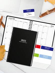 NEW 1pc Jan.2025 - Dec.2025 Monthly Planner,  + 5 Name Stickers Simple Loose Leaf Plan Book, PINK Daily & Weekly And Monthly Planner, Perfect For Meeting Agenda Records, Work Plan Reports, Study Plan Records, Daily Diary, Suitable For Office And Study,School Supplies,Back To School