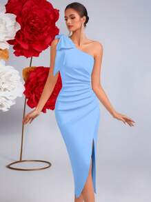 Elisanya One Shoulder Bowknot High Waist Pleated Open Back Tie-Up Ball Gown Party Dress