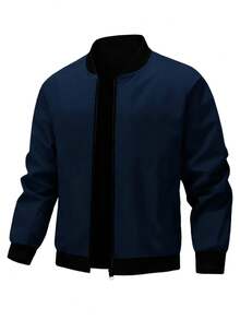 户外运动休闲立领棒球夹克，纯色拉链风衣外套，父亲节礼物 - 藏蓝色 - 查看 6