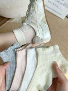 4 Pairs Thin Breathable Mesh Ankle Socks, Solid Color Lace Bow Ballerina Style Short Socks, Spring/Summer
