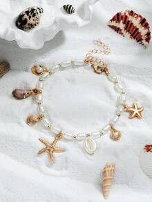 1 件时尚 18K 镀金合金海星和贝壳塑料珠吊坠女式脚链，适合日常佩戴和度假 - 彩色 - 查看 1