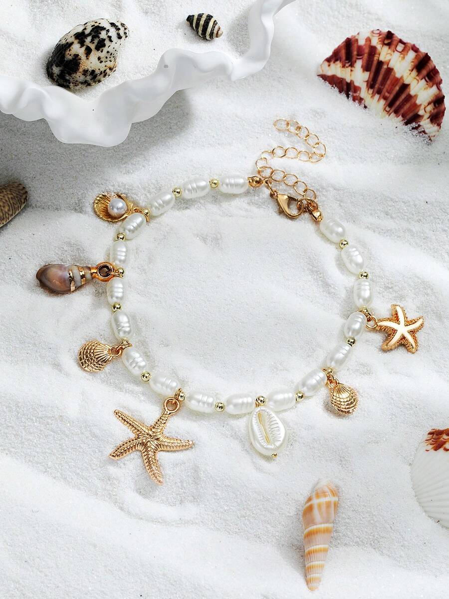 1 件时尚 18K 镀金合金海星和贝壳塑料珠吊坠女式脚链，适合日常佩戴和度假 - 彩色 - 查看 1