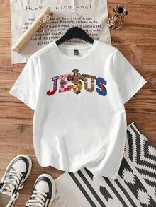 YOKASA Camiseta de mujer con estampado de letras de dibujos animados - Blanco-ZM250 - Ver 2