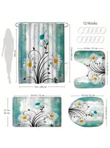 [Floral Shower] Ensemble de rideaux de douche fleuris de style ferme, 1 pièce/4 pièces rideau de séparation de salle de bain avec 12 crochets, tapis de bain, tapis de toilette en forme de U, housse de siège de toilette, accessoires de salle de bain, décoration de salle de bain Back to School