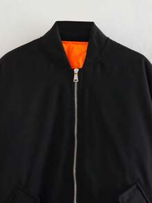 女式黑色飞行员夹克长袖休闲街头宽松秋冬外套 - 黑色 - 查看 5